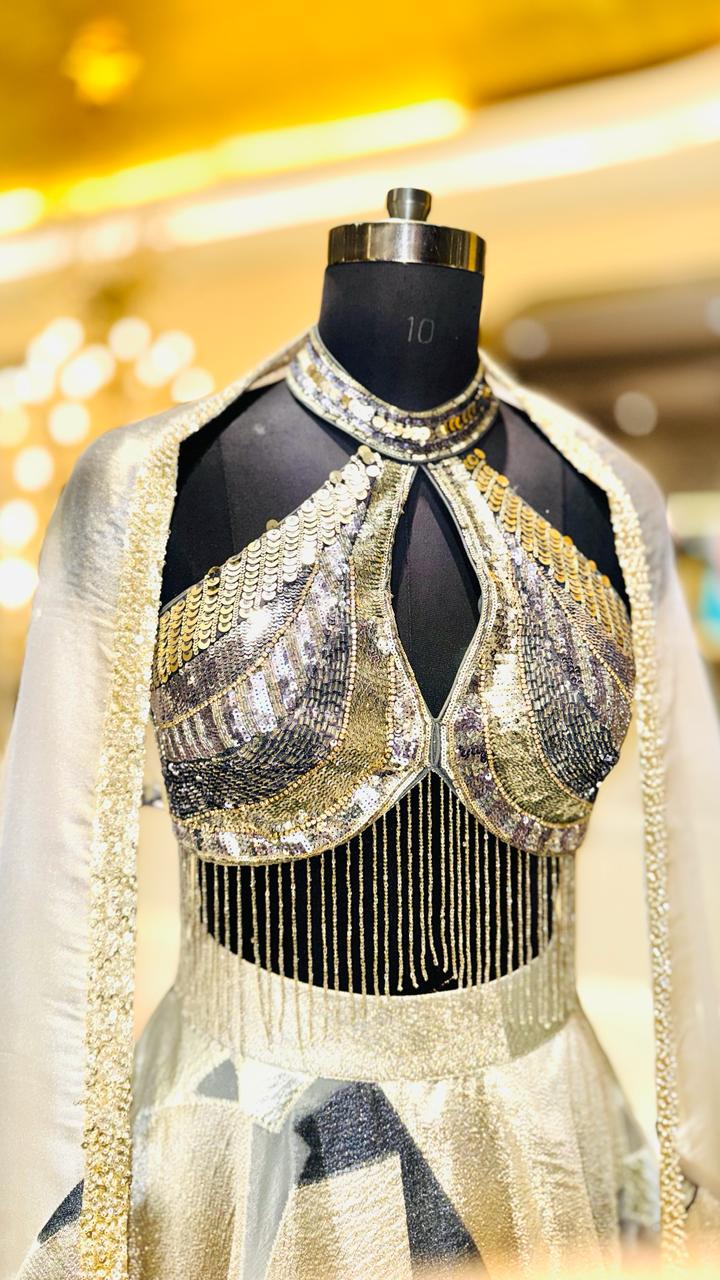 Designer Champagne Gold & Charcoal Geometric Lehenga with Keyhole Halter Bustier and Metallic Fringes