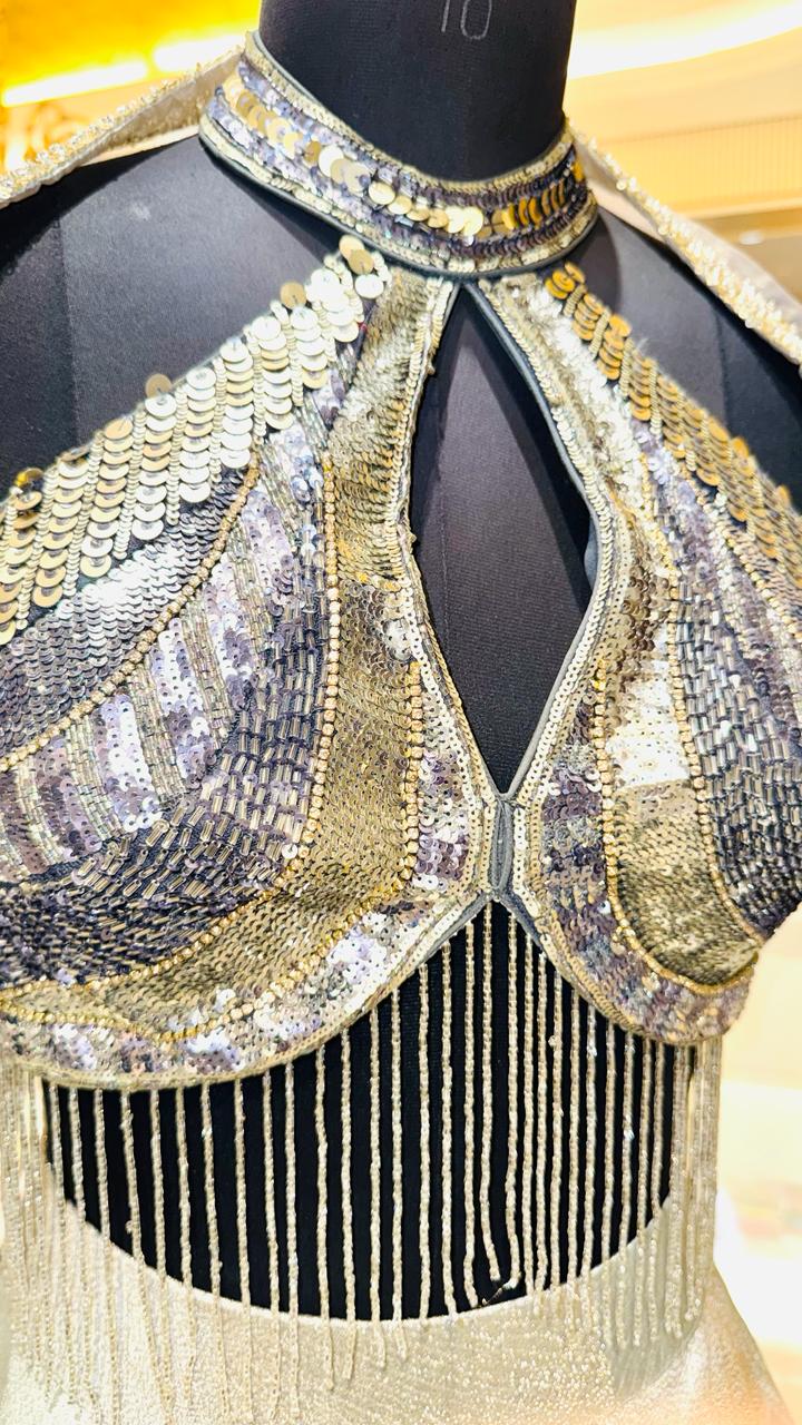 Designer Champagne Gold & Charcoal Geometric Lehenga with Keyhole Halter Bustier and Metallic Fringes