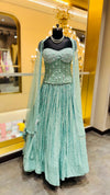 Seafoam Green Corset Lehenga with Heavy Vertical Sequin Paneling and Sheer Cape Dupatta