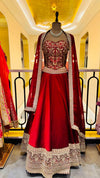 Premium Crimson Red Satin-Silk Lehenga with Heavily Embroidered Corset Bustier and Scalloped Dupatta