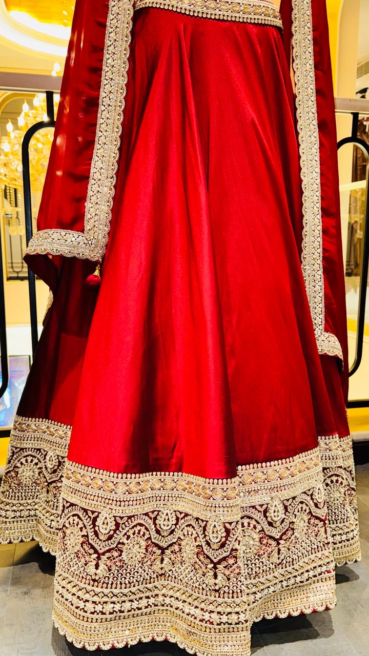 Premium Crimson Red Satin-Silk Lehenga with Heavily Embroidered Corset Bustier and Scalloped Dupatta