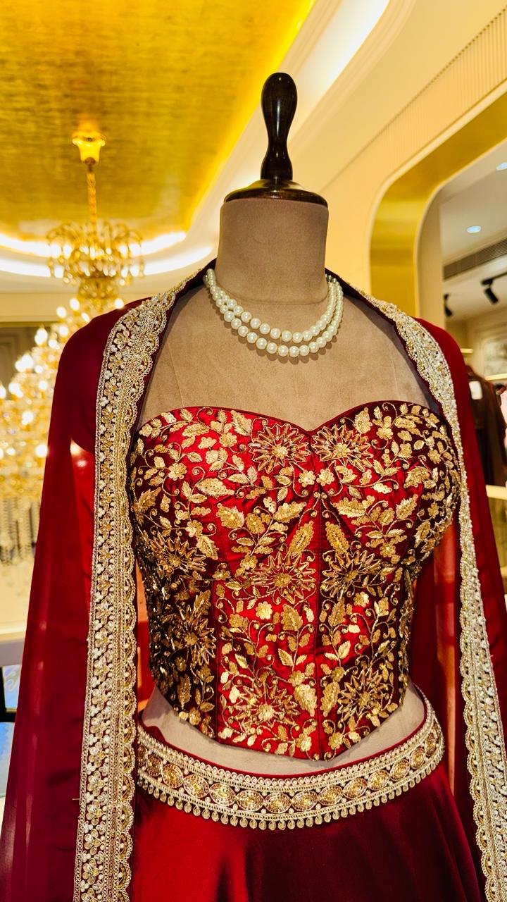 Premium Crimson Red Satin-Silk Lehenga with Heavily Embroidered Corset Bustier and Scalloped Dupatta