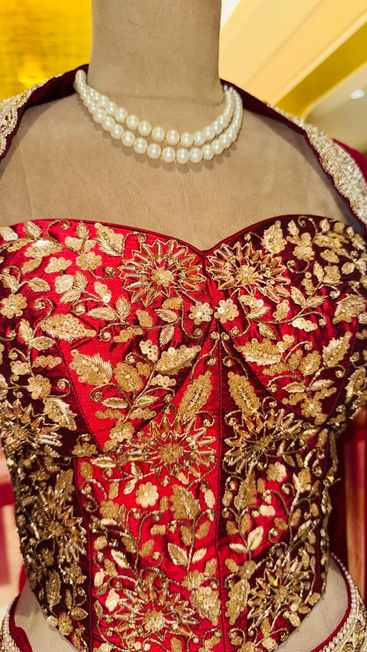 Premium Crimson Red Satin-Silk Lehenga with Heavily Embroidered Corset Bustier and Scalloped Dupatta