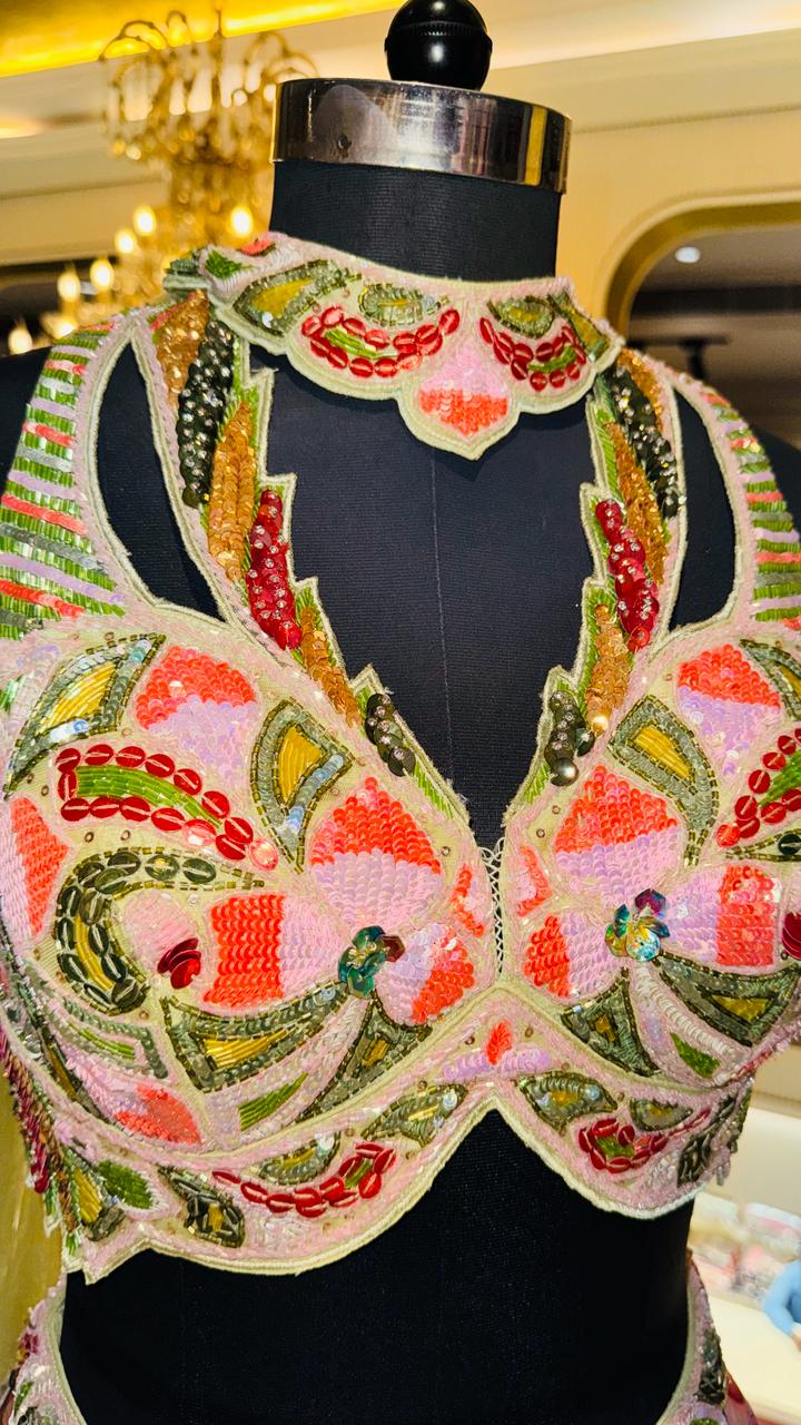 Designer Tropical Floral Print Lehenga with Embroidered Cut-Out Halter Choli