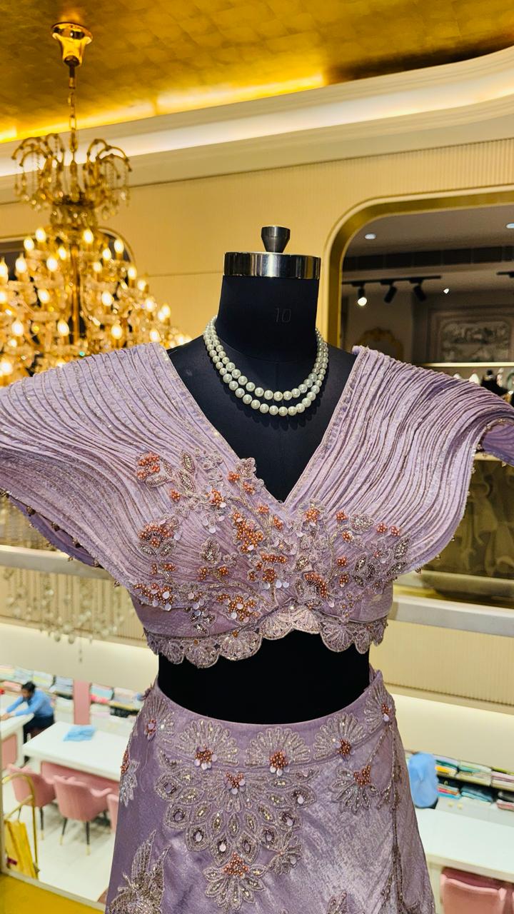 Designer Lilac Metallic Silk Lehenga with Architectural Pleated Wing Blouse and Delicate Floral Zardozi