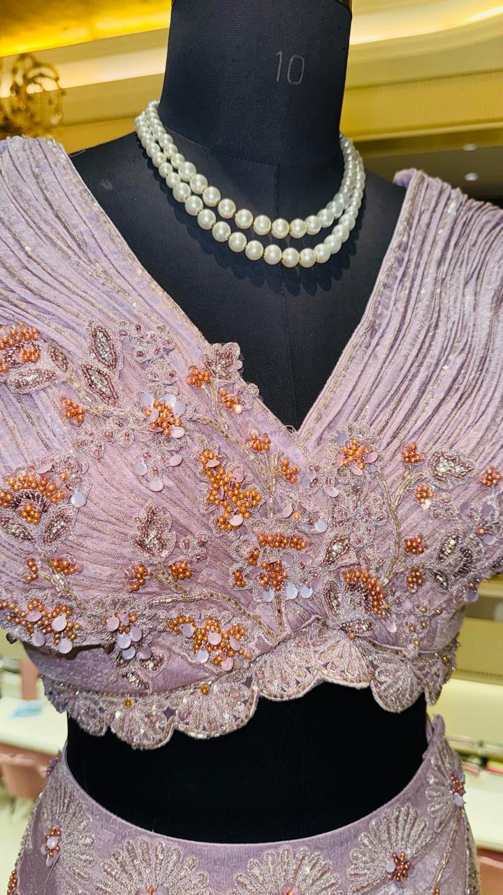 Designer Lilac Metallic Silk Lehenga with Architectural Pleated Wing Blouse and Delicate Floral Zardozi