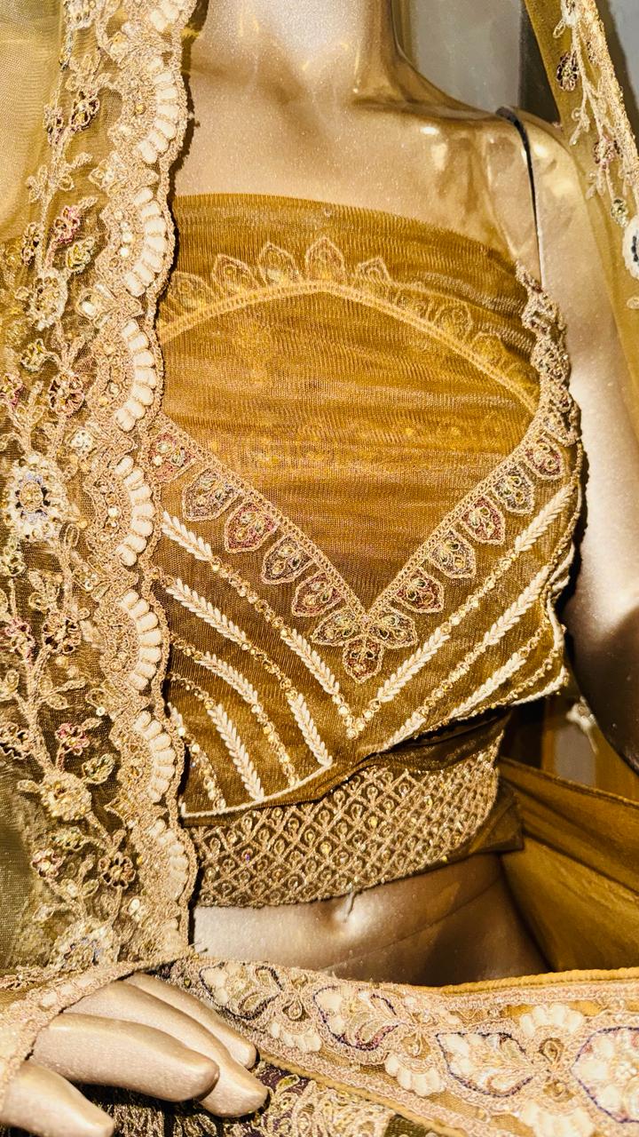 Premium Antique Gold & Bronze Unstitched Lehenga Set with Heavy Zardozi Kalis and Ornate Traditional Borders