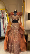 Luxury Copper Brown Designer Embroidered Lehenga Set with Statement Ruffle Cape