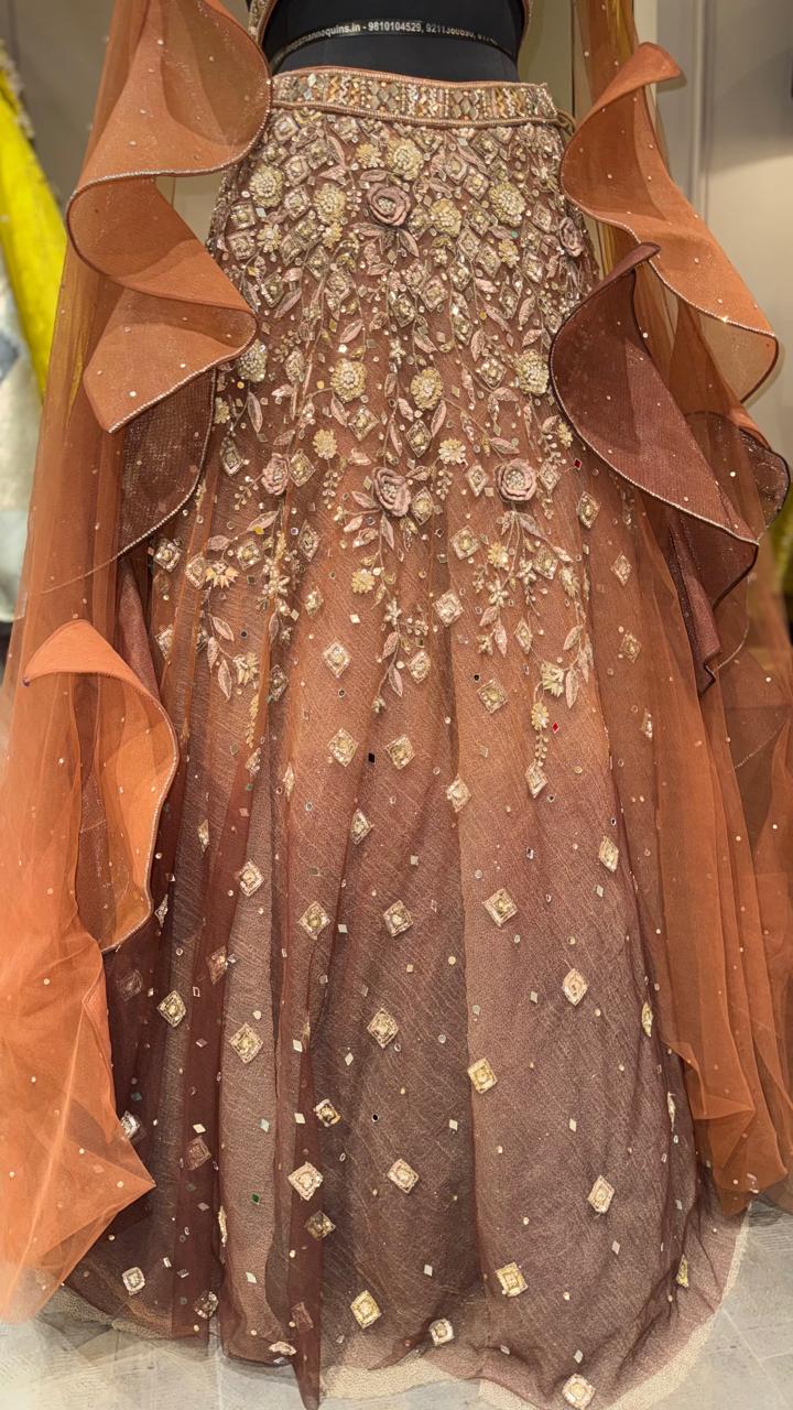Luxury Copper Brown Designer Embroidered Lehenga Set with Statement Ruffle Cape