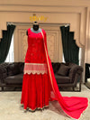 Radiant Scarlet Red Sharara Set – Heavily Embellished Kurti with Scalloped Borders