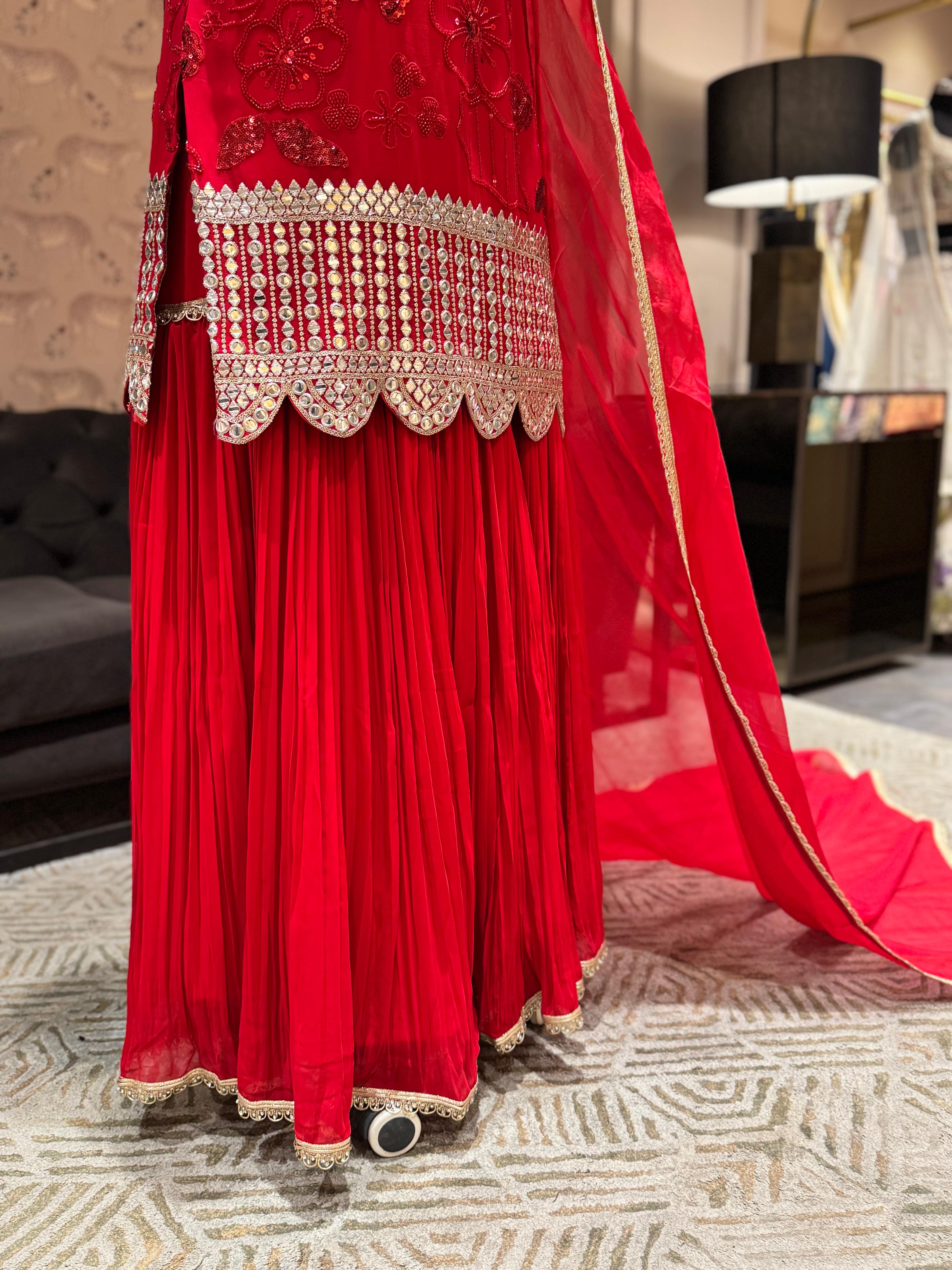 Radiant Scarlet Red Sharara Set – Heavily Embellished Kurti with Scalloped Borders